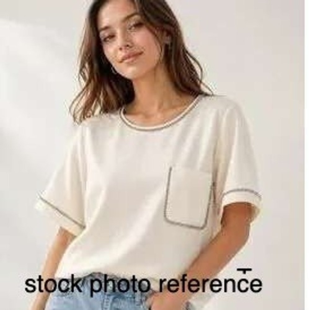 LOFT Women's White Rhinestone Accent Short Sleeve Crew Neck Polyester Top NWT L